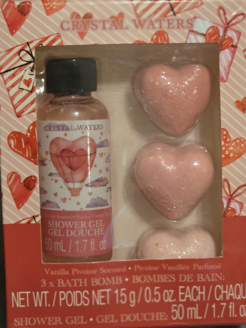 Crystal Waters Pink Vanilla Peony Shower Gel + 3 Heart Bath Bombs